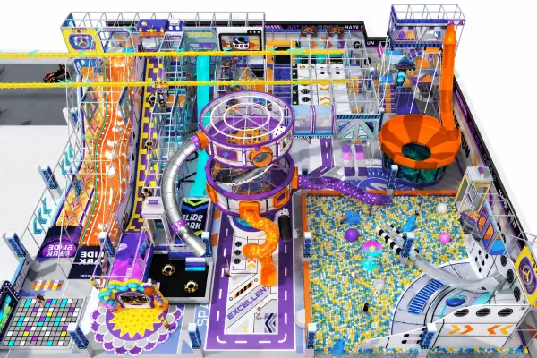 cyberpunk themed indoor playground 3D layout design