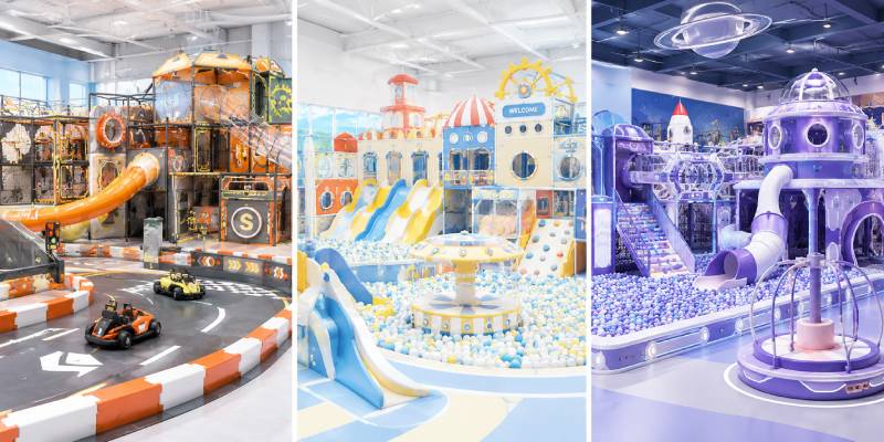 Indoor playground theme designs with racing, colorful carnival, and space-themed play areas