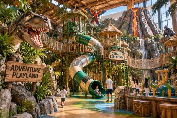 Story-driven indoor playground theme designed for a resort or destination entertainment venue