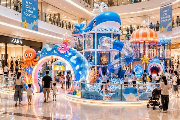Family-friendly indoor playground theme designed for a shopping mall entertainment area
