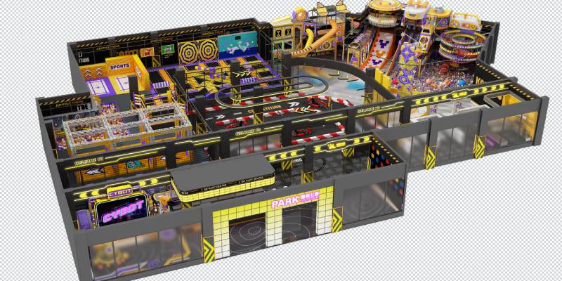 3D design of a 500 sqm indoor trampoline park featuring trampoline courts, go-kart tracks, slide, climbing activities, and adventure play zones.