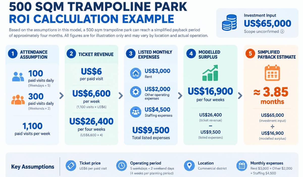 500 sqm trampoline park ROI calculation showing attendance, ticket revenue, listed expenses, modeled surplus and estimated payback period