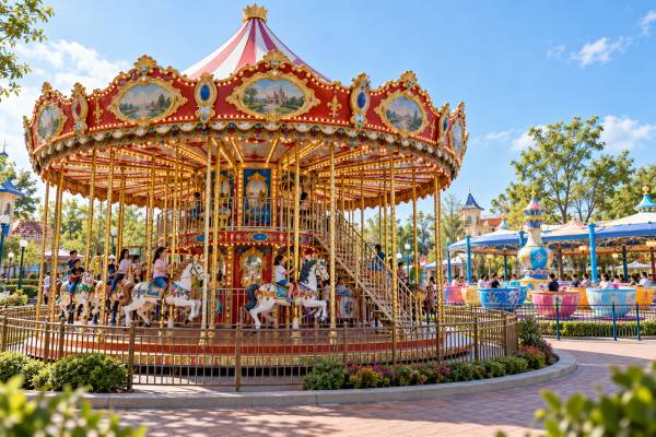 48-seat Double-decker carousel with decorative horses and lighting in an outdoor family amusement park.